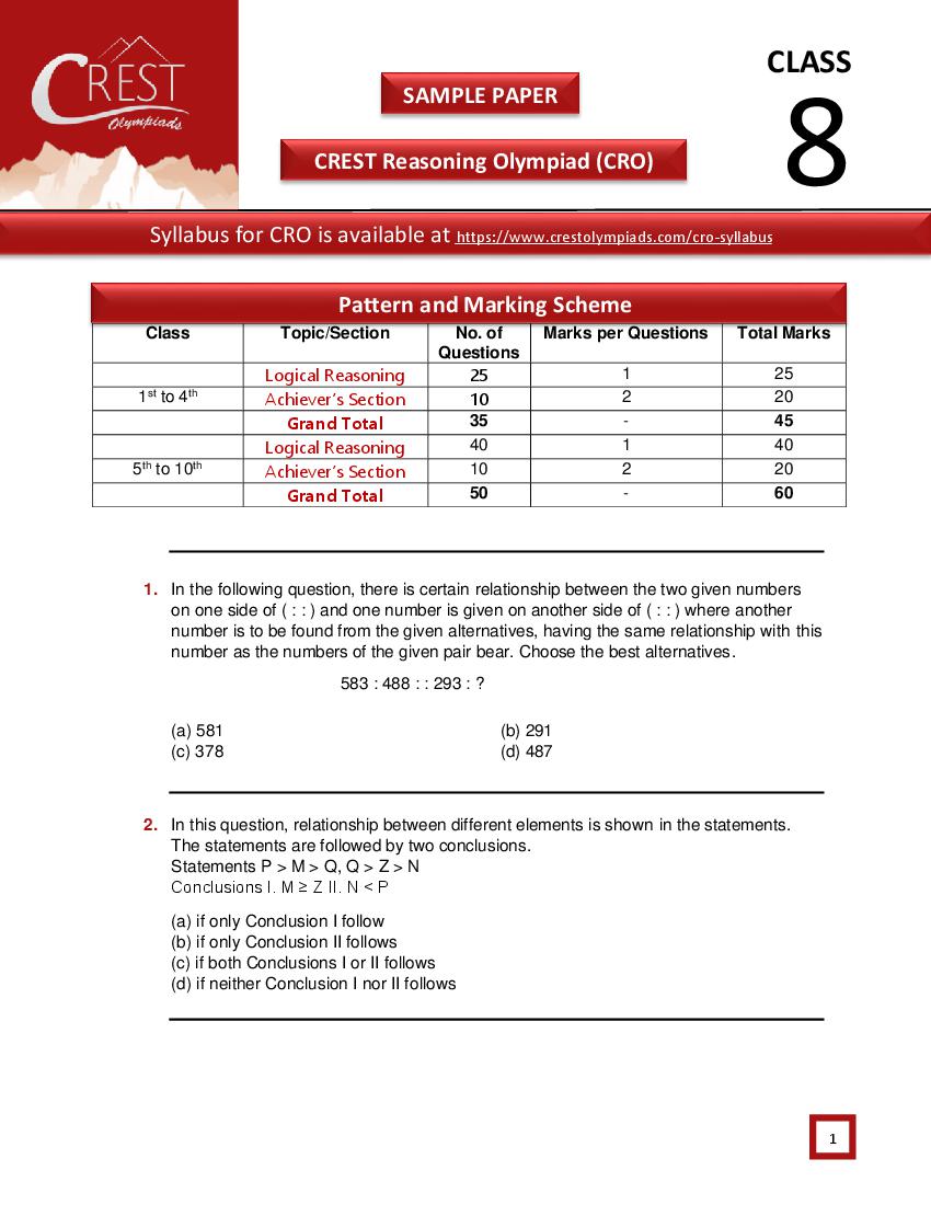 CREST Reasoning Olympiad (CRO) Class 8 Sample Paper - Page 1