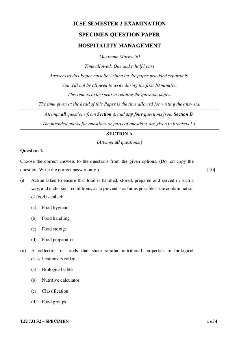 ICSE Class 10 Specimen Paper 2022 Hospitality Management Semester 2 - Page 1