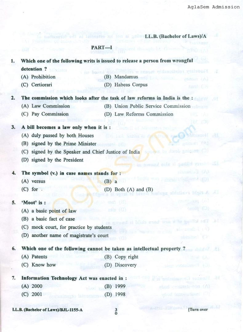 PU LLB Entrance Exam 2016 Question Papers with Answer Key - Page 1