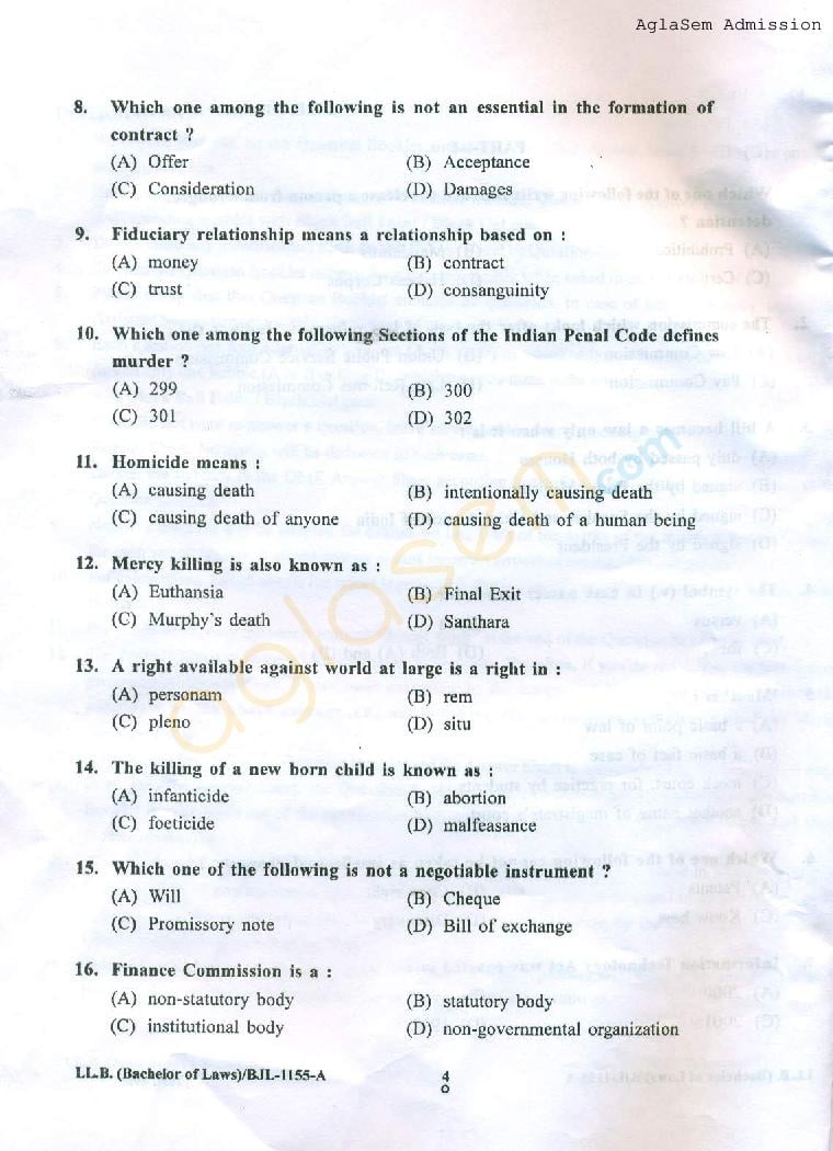 PU LLB 2016 Question Paper PDF with Answer Key