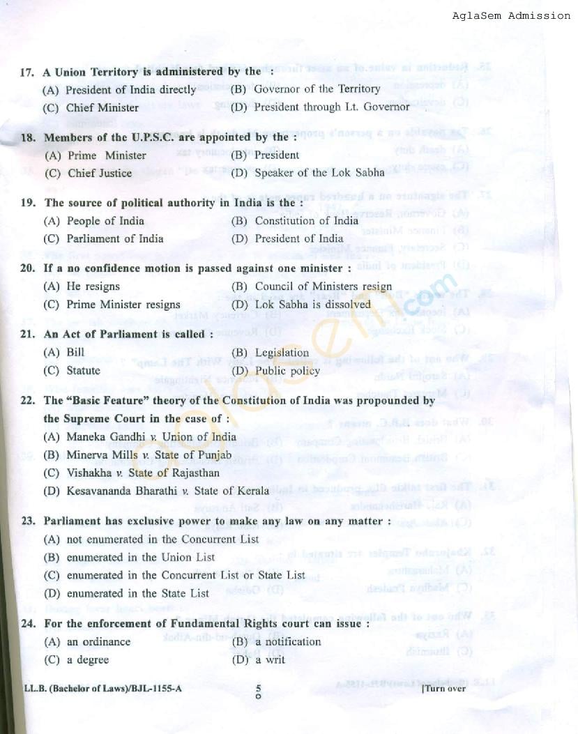 PU LLB 2016 Question Paper PDF with Answer Key