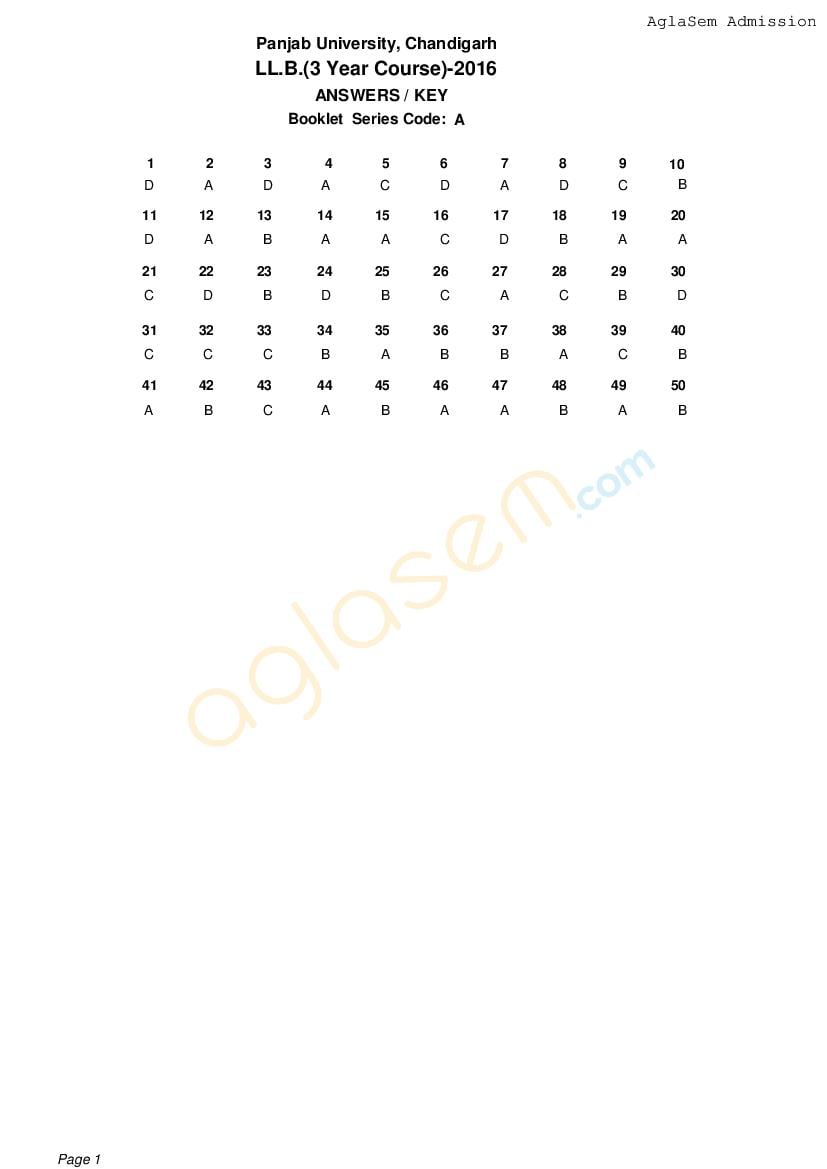 PU LLB 2016 Question Paper PDF with Answer Key