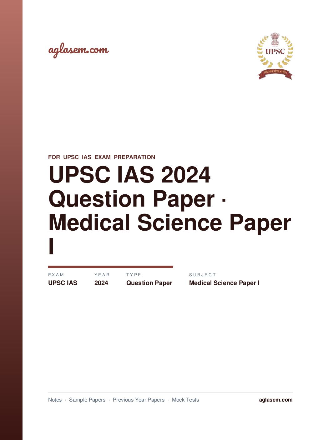 UPSC IAS 2024 Question Paper for Medical Science Paper I - Page 1 of 9