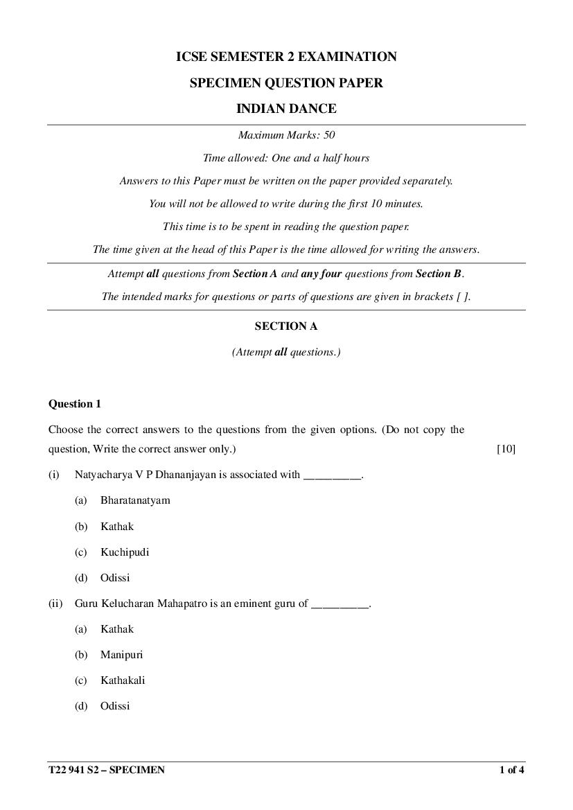 ICSE Class 10 Specimen Paper 2022 Indian Dance Semester 2 - Page 1