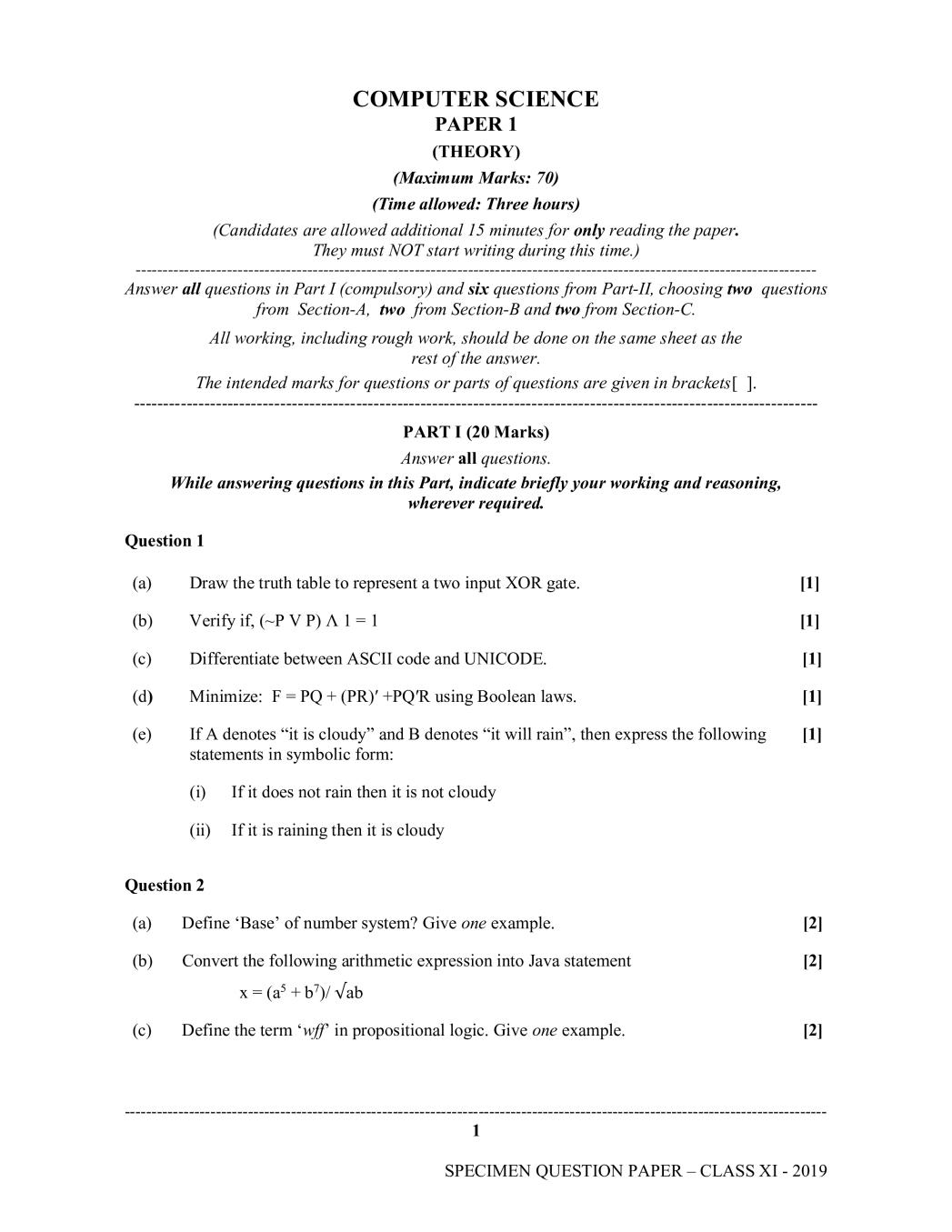ISC Computer Science Specimen Paper 2025 PDF CISCE Class 11 Computer 