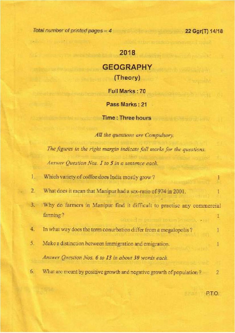 Manipur Board Class 12 Question Paper 2018 for Geography - Page 1
