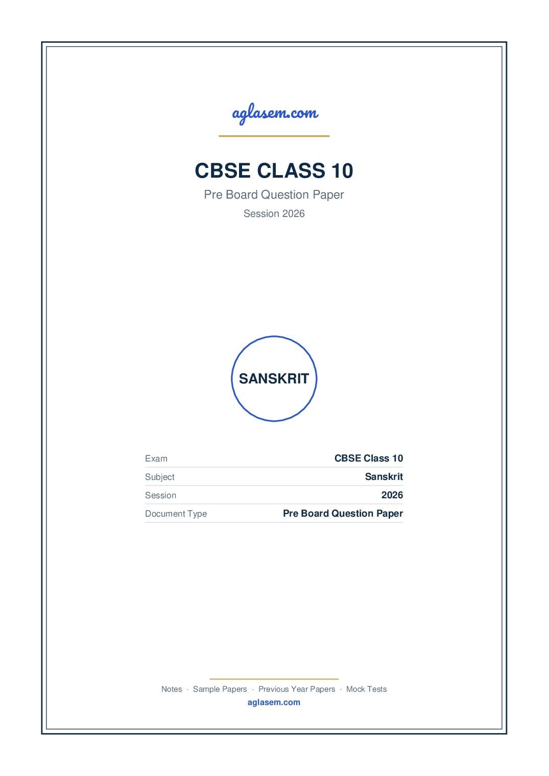 Class 10 Pre Board Question Paper 2026 Sanskrit - Page 1 of 9