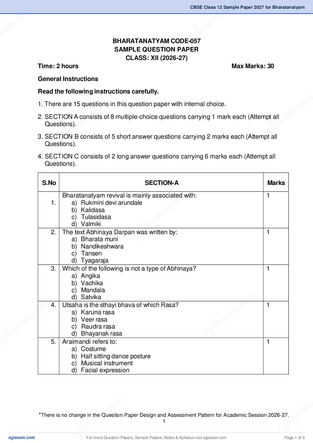 CBSE Class 12 Sample Paper 2027 for Bharatanatyam - Page 1 of 3