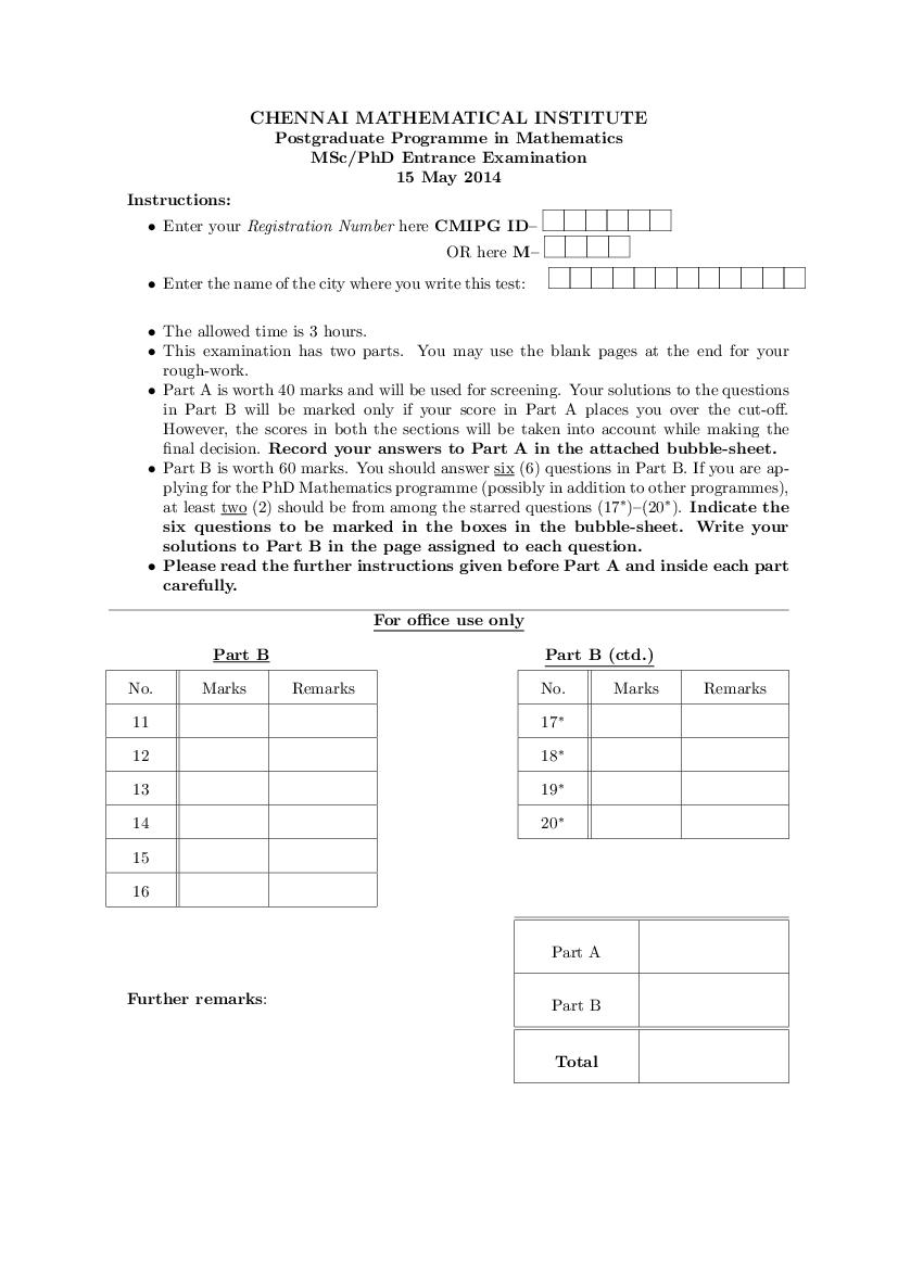 CMI Entrance Exam 2014 Question Paper for M.Sc or Ph.D Mathematics - Page 1