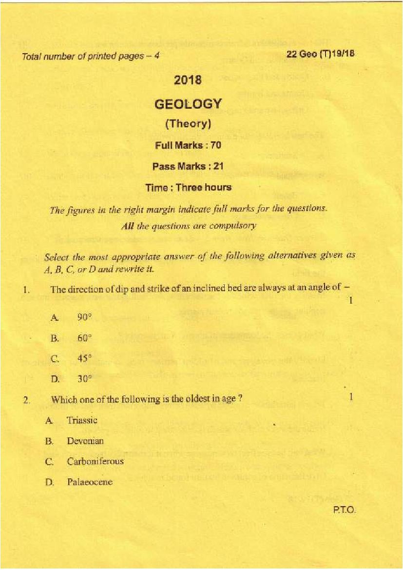 Manipur Board Class 12 Question Paper 2018 for Geology - Page 1