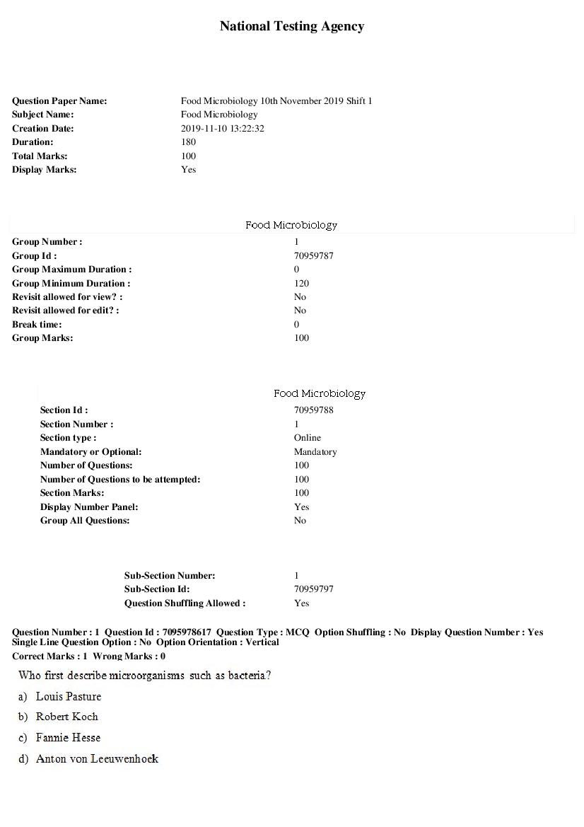 SWAYAM 2019 Question Paper Food Microbiology - Page 1 of 25