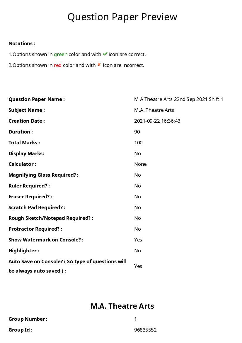 CPGET 2021 Question Paper and Answer Key MA Theatre Arts