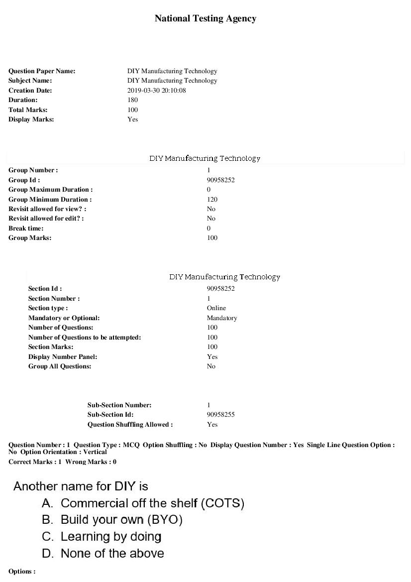 ARPIT 2019 Question Paper for DIY Manufacturing Technology - Page 1 of 44