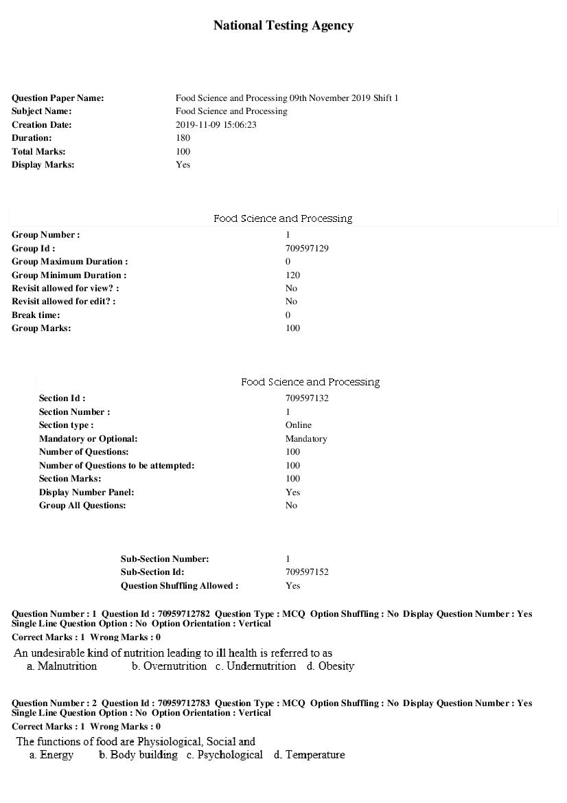 SWAYAM 2019 Question Paper Food Science and Processing