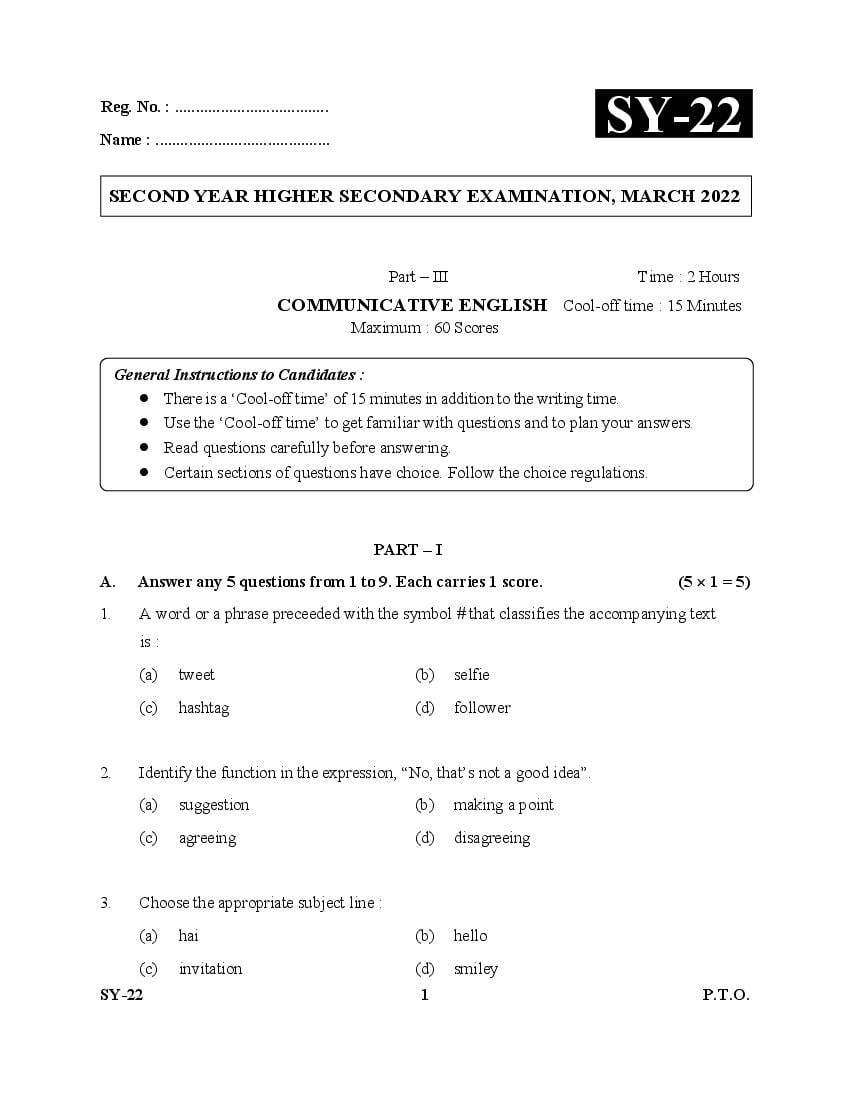 Kerala Plus Two Question Paper 2022 English Communicative - Page 1