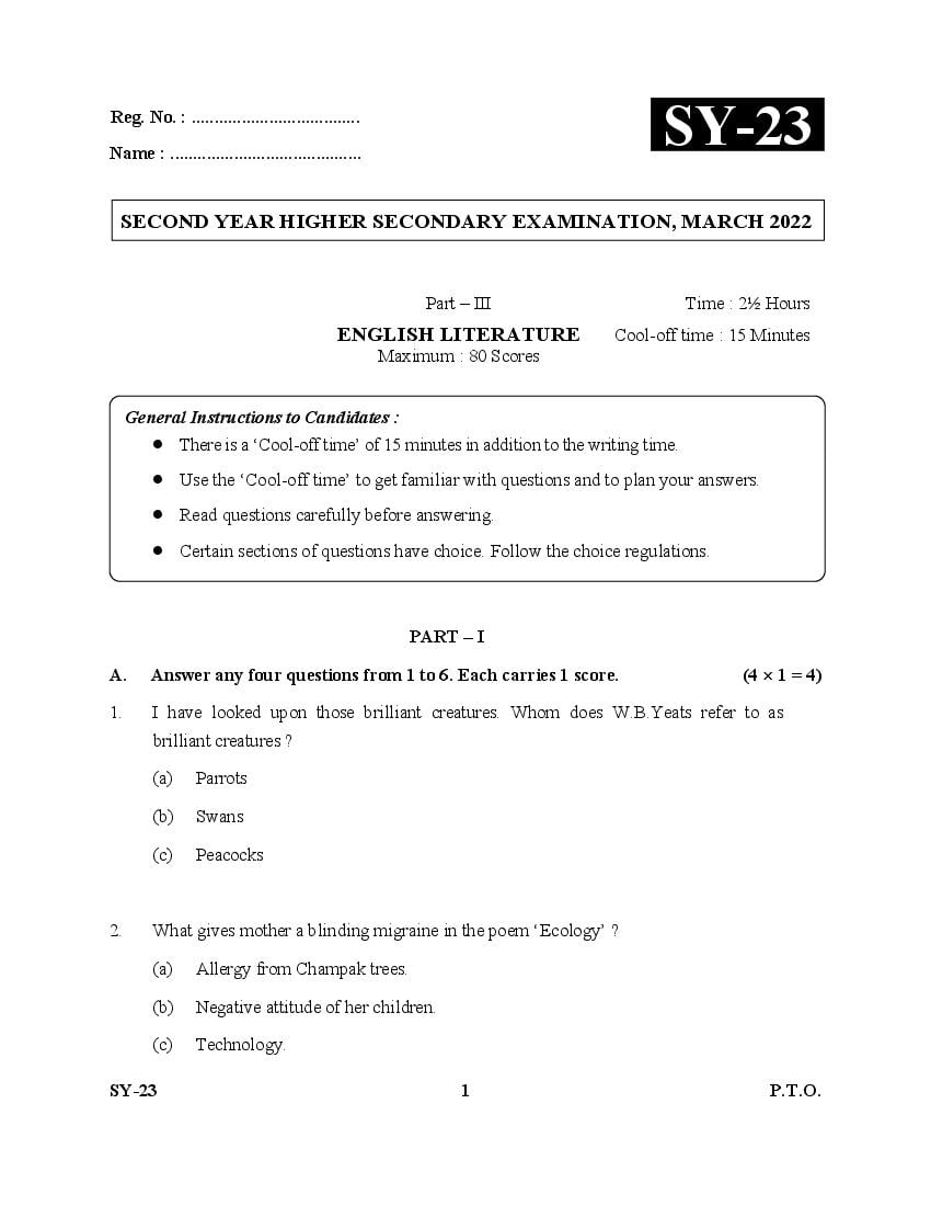 Kerala Plus Two Question Paper 2022 English Literature - Page 1