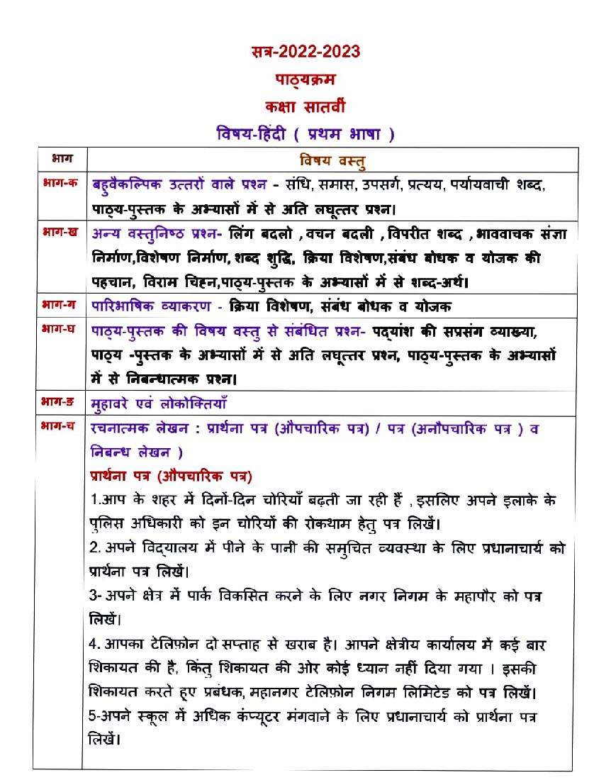 PSEB 7th Class Syllabus 2023 Hindi - Page 1