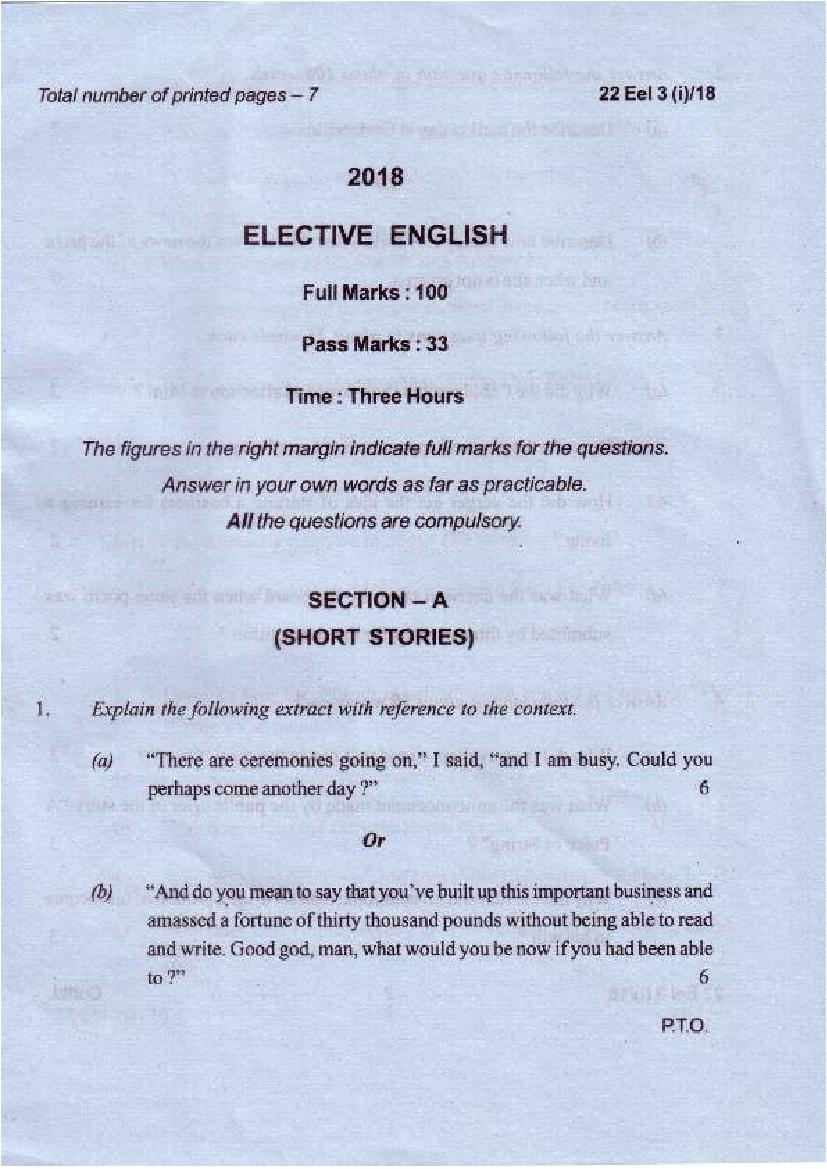 Manipur Board Class 12 Question Paper 2018 for English Elective - Page 1