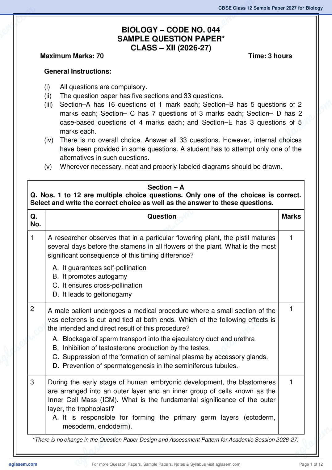 CBSE Class 12 Sample Paper 2027 for Biology - Page 1 of 12