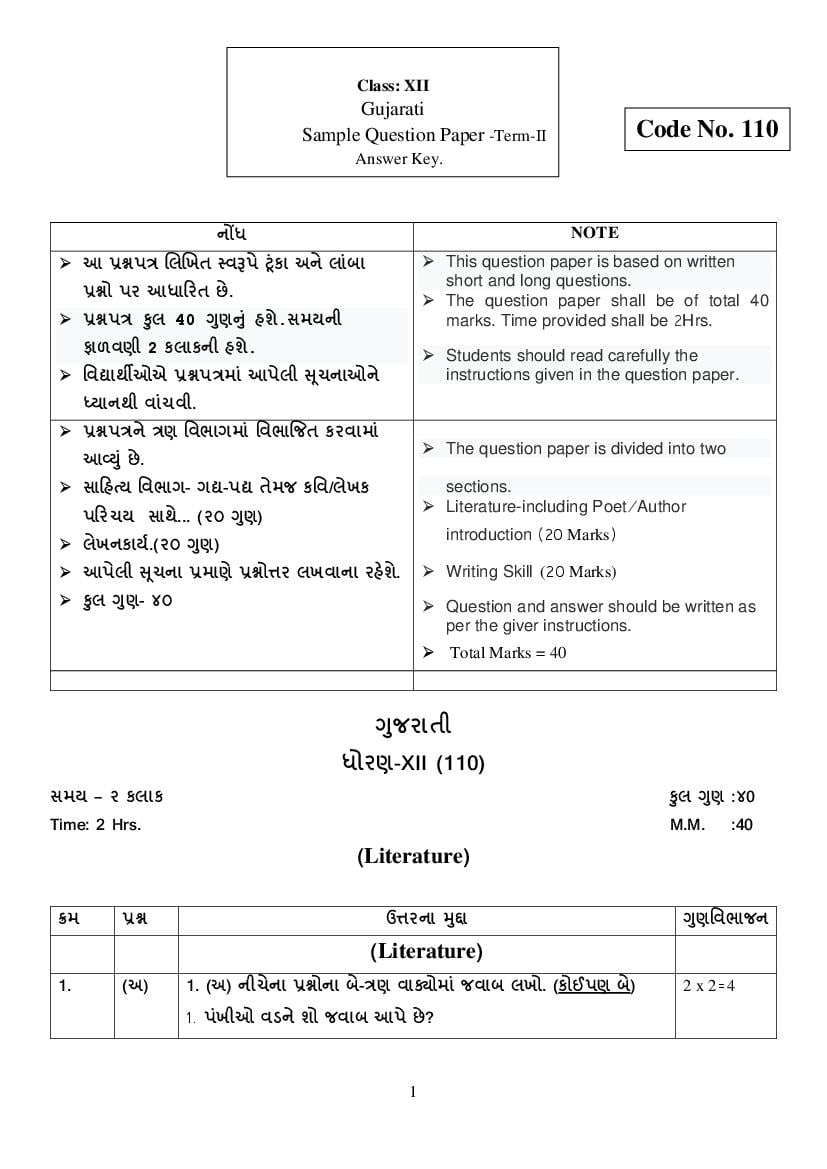 CBSE Class 12 Marking Scheme 2022 for Gujarati Term 2 - Page 1