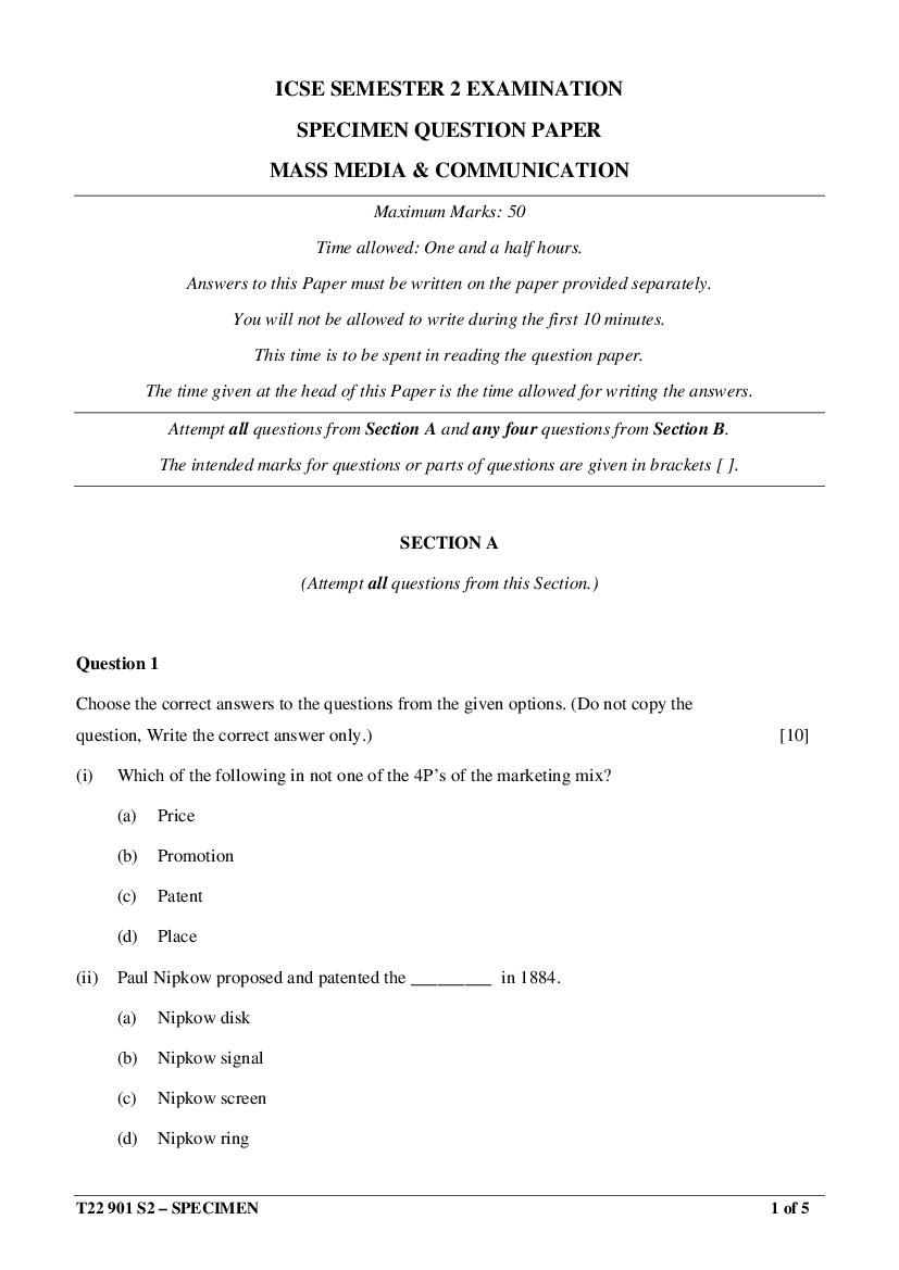 ICSE Class 10 Specimen Paper 2022 Mass Media and Communication Semester 2 - Page 1