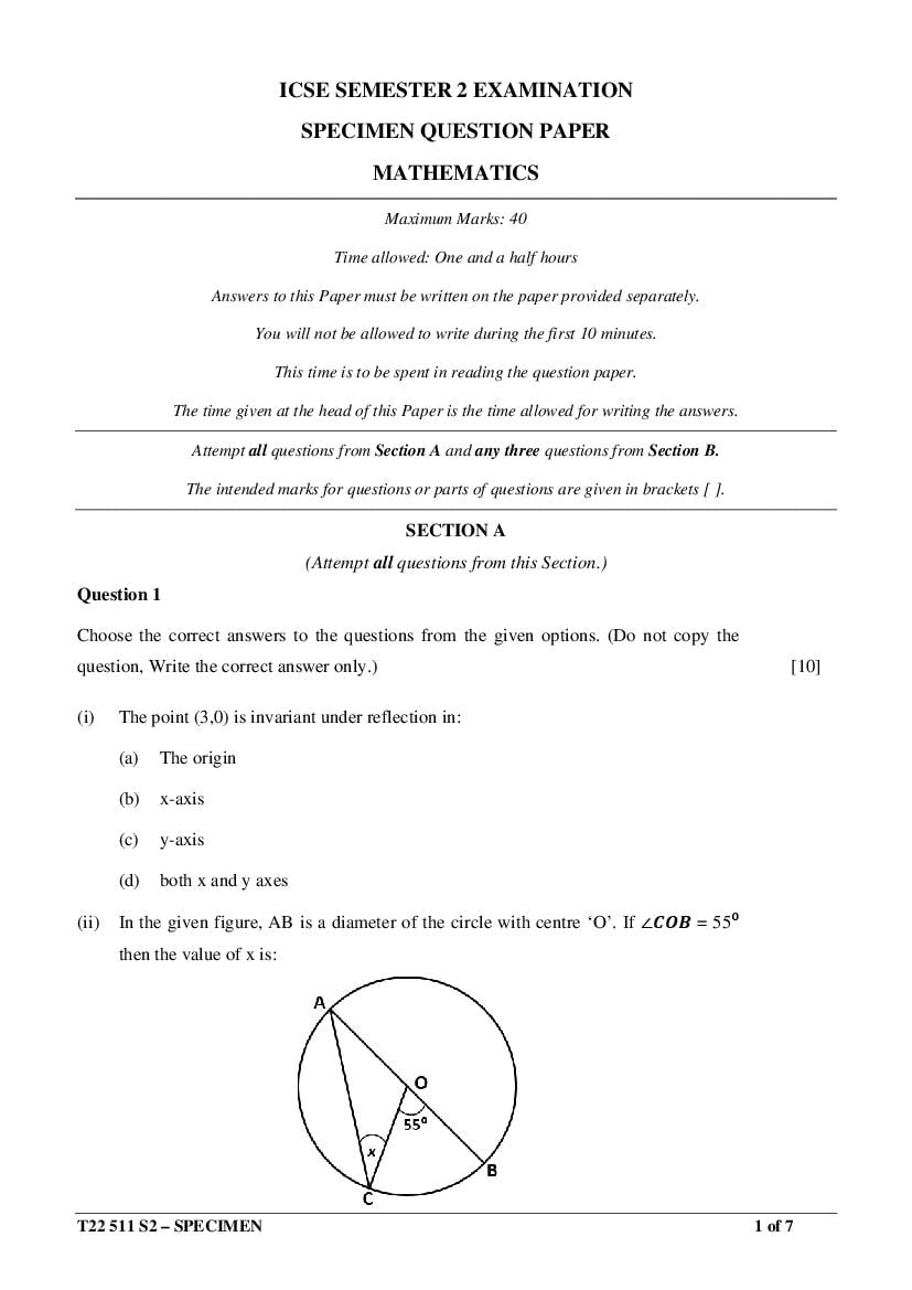 ICSE Class 10 Specimen Paper 2022 Maths Semester 2 - Page 1