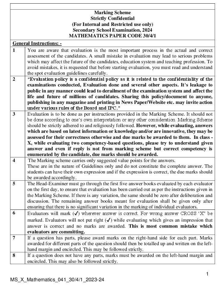 CBSE Class 10 Question Paper 2024 Solution Maths Standard - Page 1