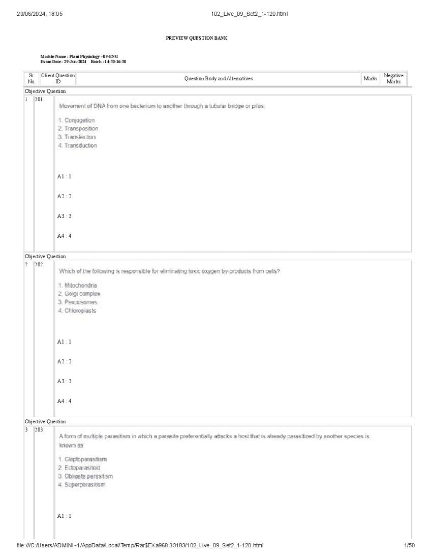 ICAR AICE JRF SRF (Ph.D) 2024 Question Paper Plant Physiology - Page 1 of 50