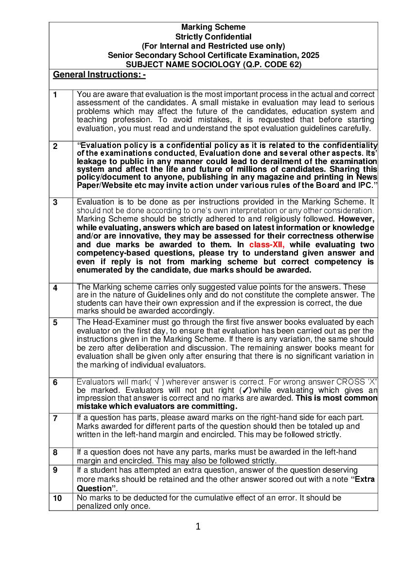 CBSE Class 12 Question Paper 2025 Solution Sociology - Page 1