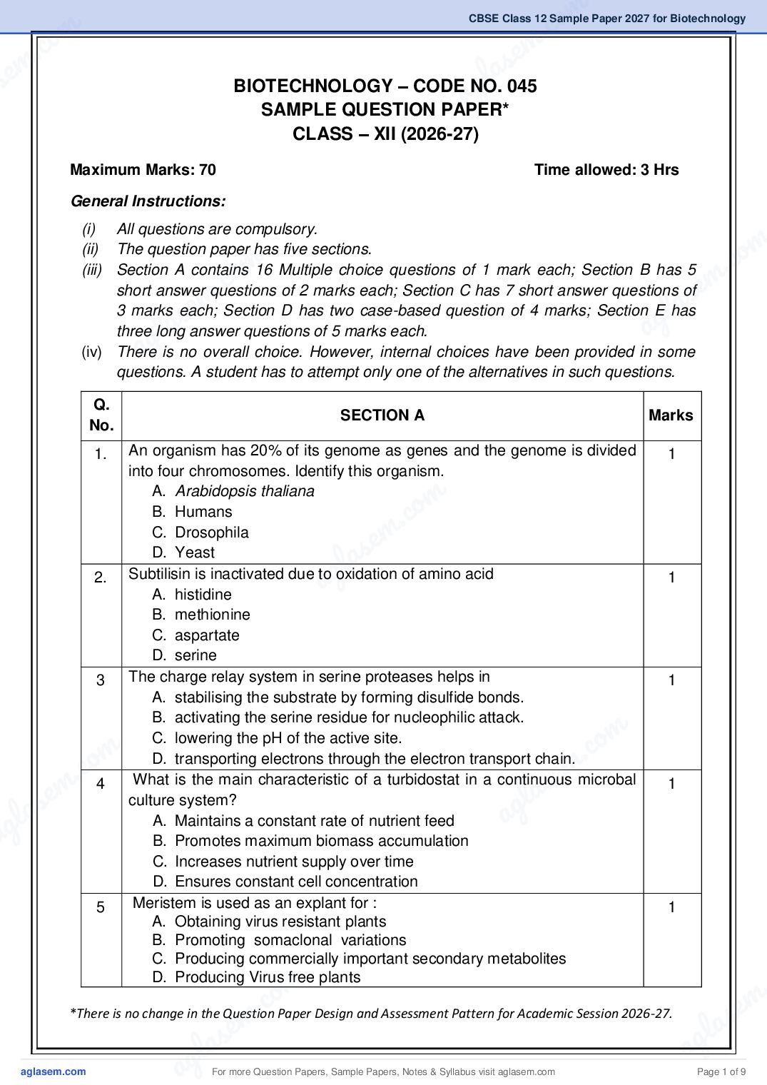 CBSE Class 12 Sample Paper 2027 for Biotechnology - Page 1 of 9