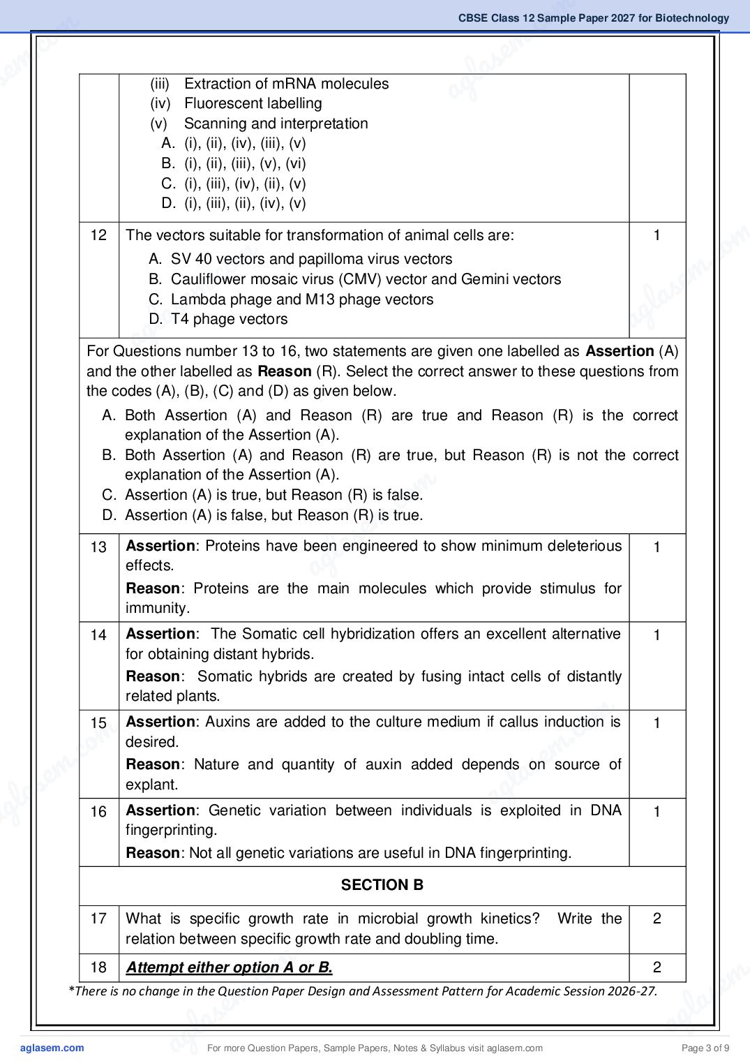 CBSE Class 12 Biotechnology Sample Paper 2027 with Marking Scheme PDF