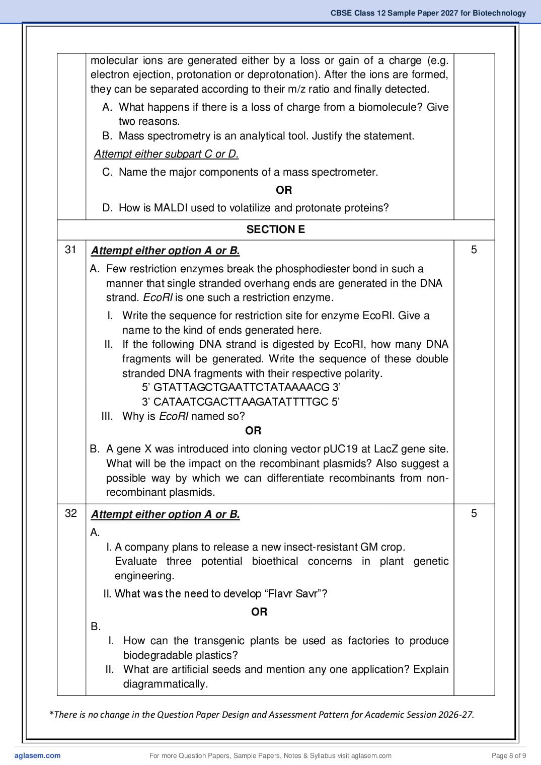 CBSE Class 12 Biotechnology Sample Paper 2027 with Marking Scheme PDF