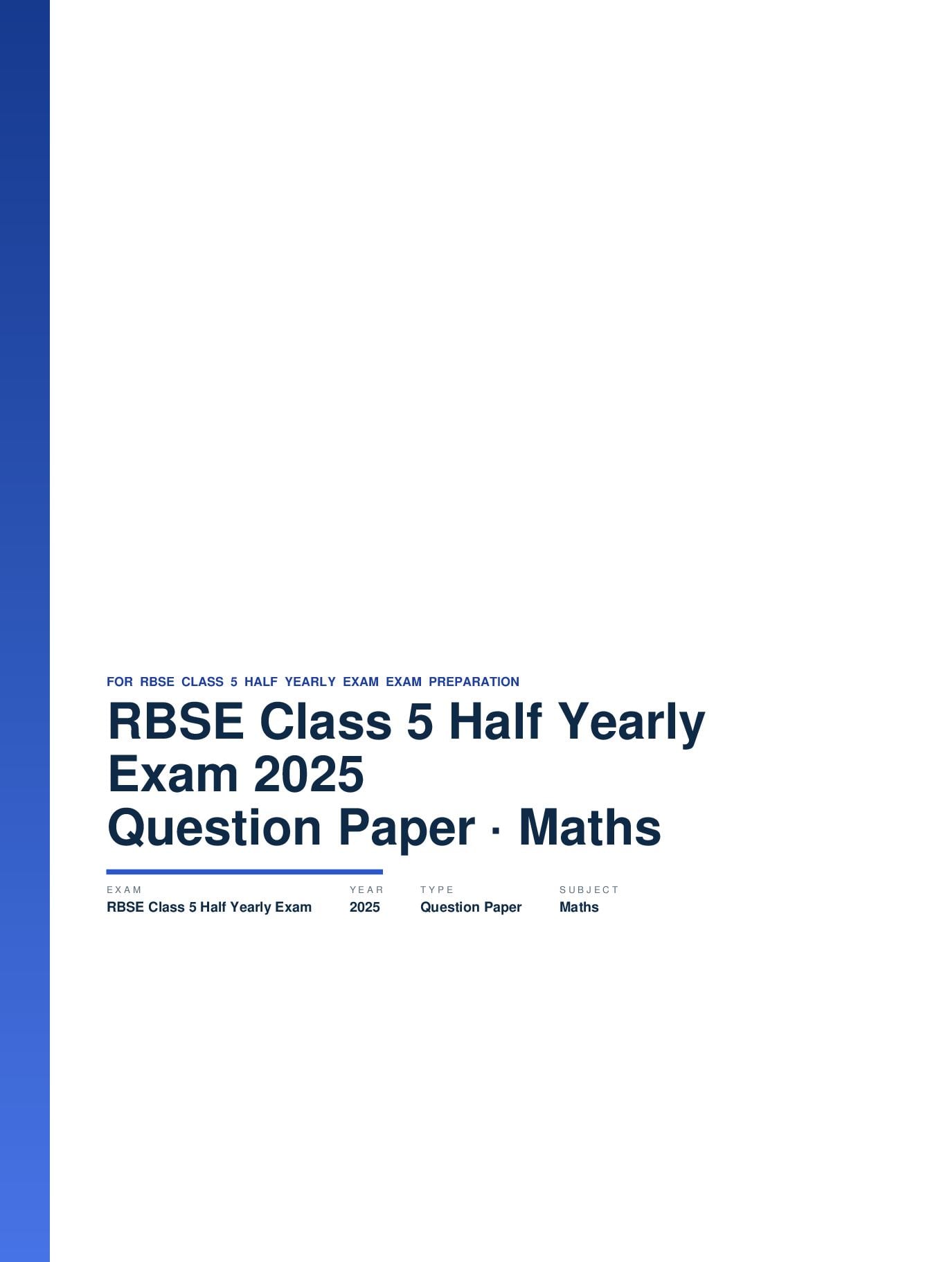 RBSE Class 5 Half Yearly Exam Question Paper 2025 Maths - Page 1 of 3