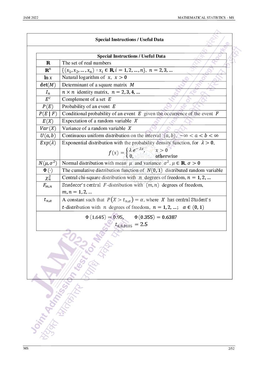 JAM 2022 Question Paper for Mathematical Statistics (MS) - Page 1