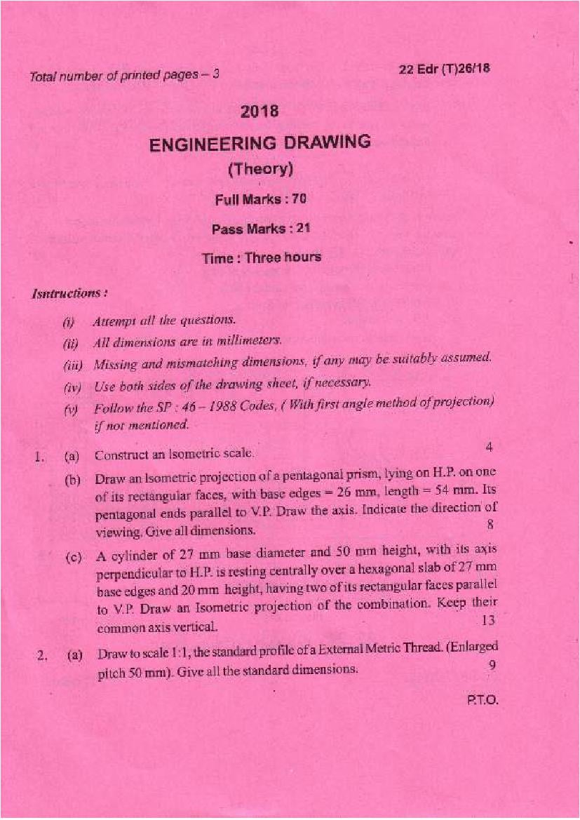 Manipur Board Class 12 Question Paper 2018 for Engineering Drawing - Page 1