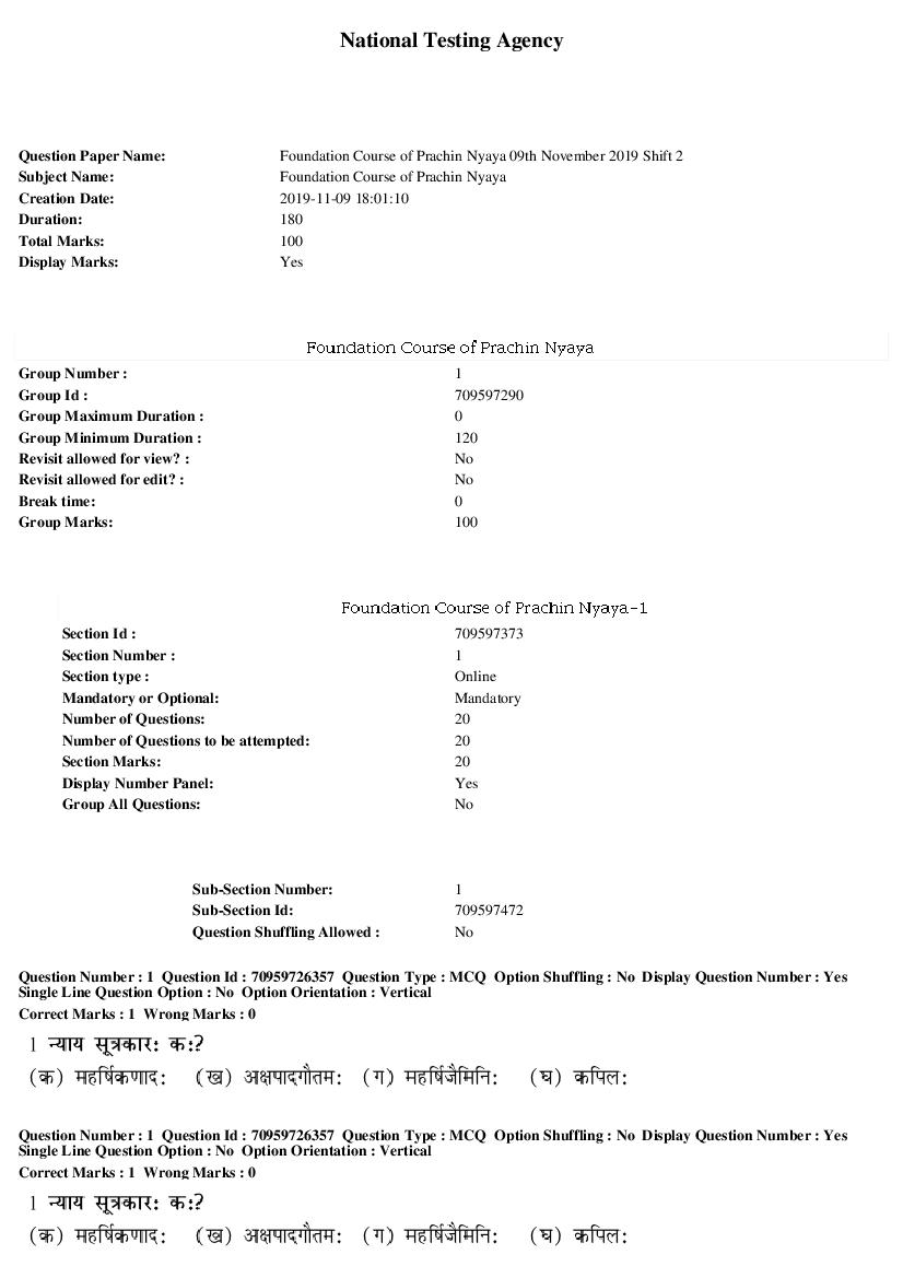 SWAYAM 2019 Question Paper Foundation Course of Prachin Nyaya - Page 1 of 10