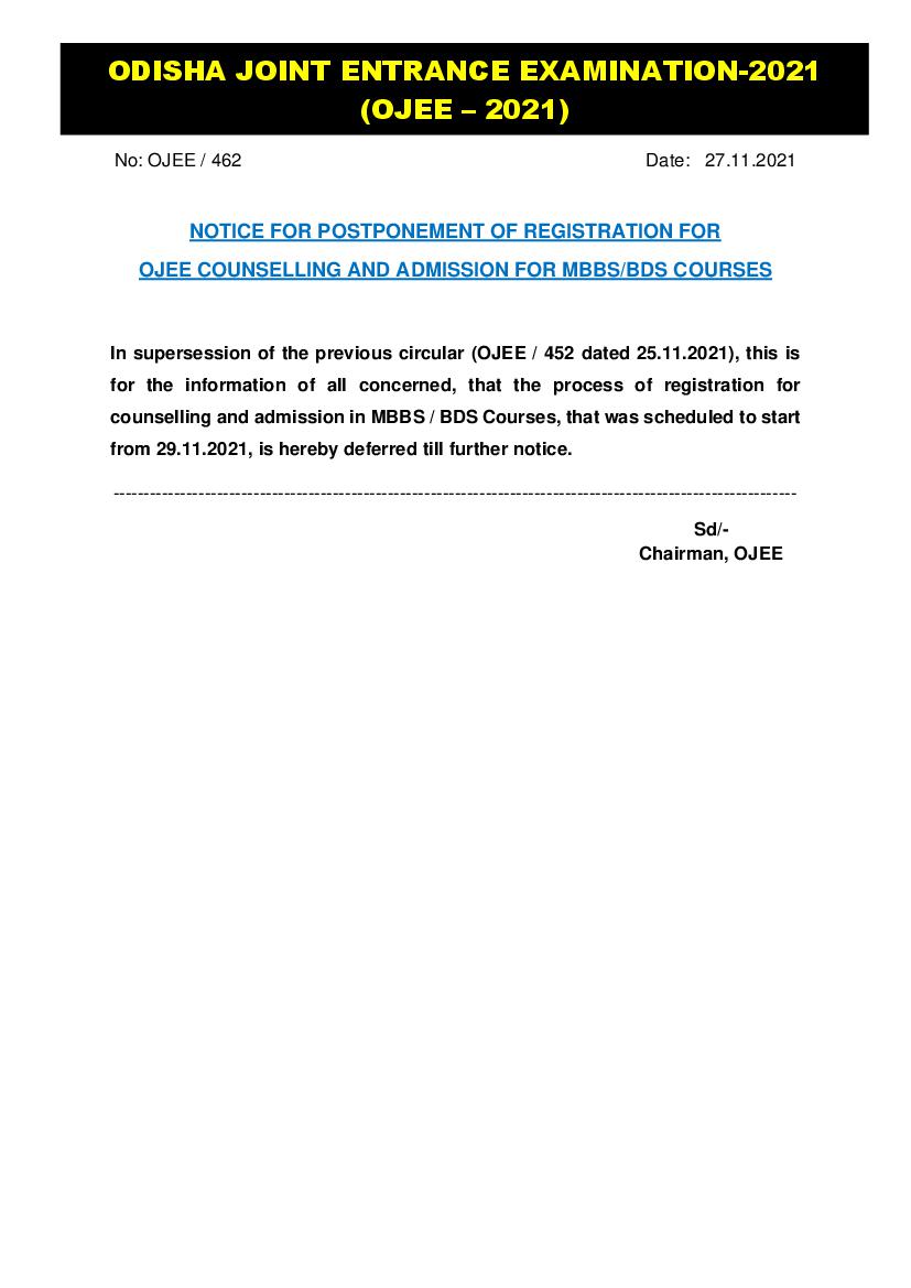 Odisha NEET 2021 Notice for Counselling Regsitration Postponement - Page 1