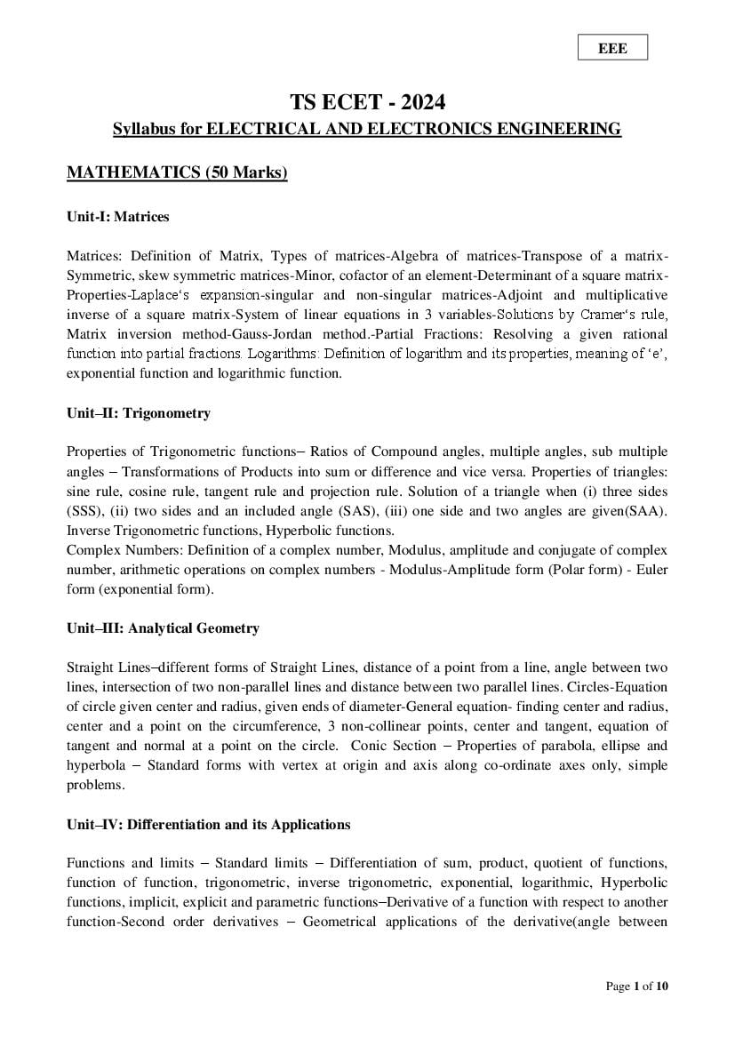 TS ECET 2024 Syllabus Electrical and Electronics Engineering - Page 1