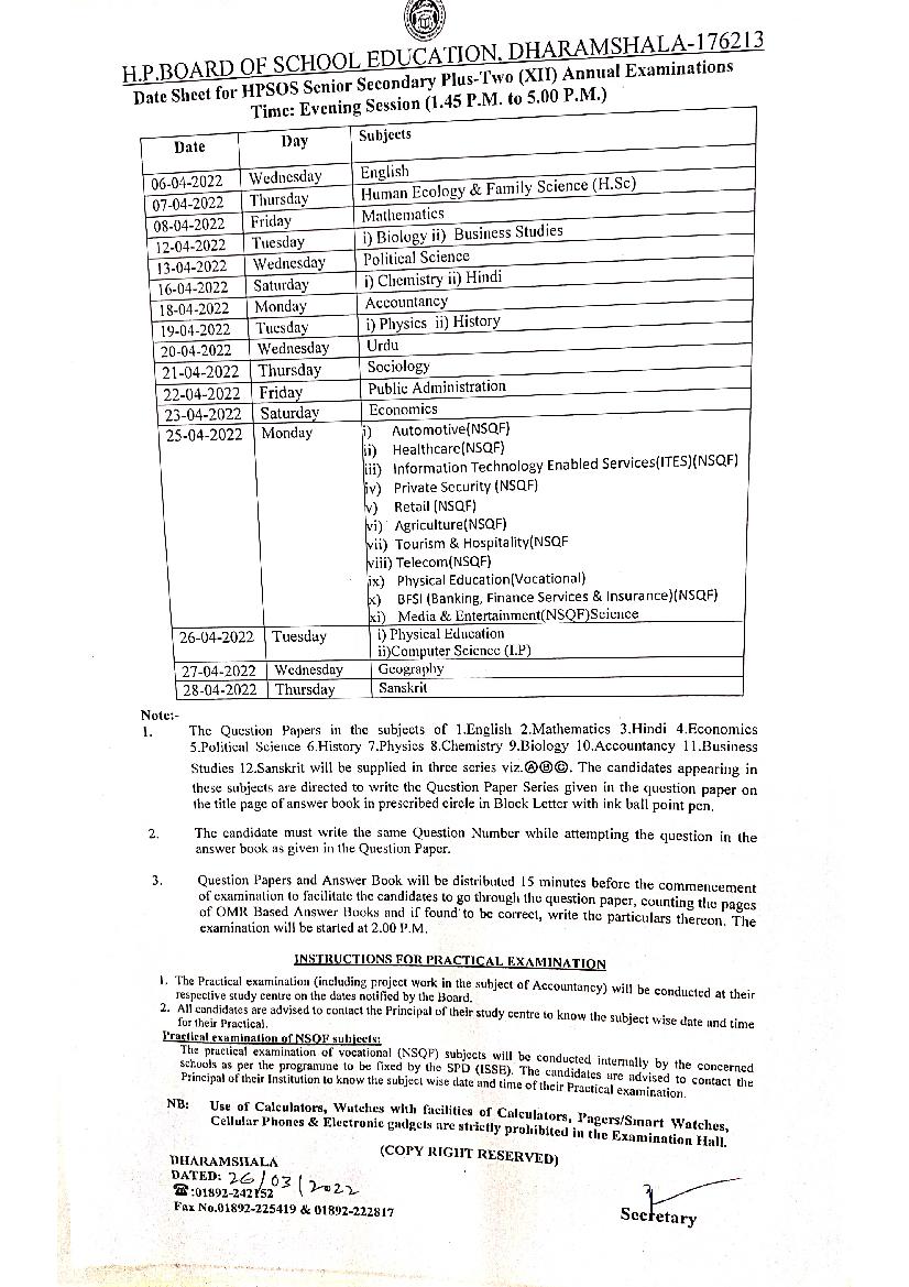 HPBOSE SOS Class 12th Date Sheet 2022 - Page 1