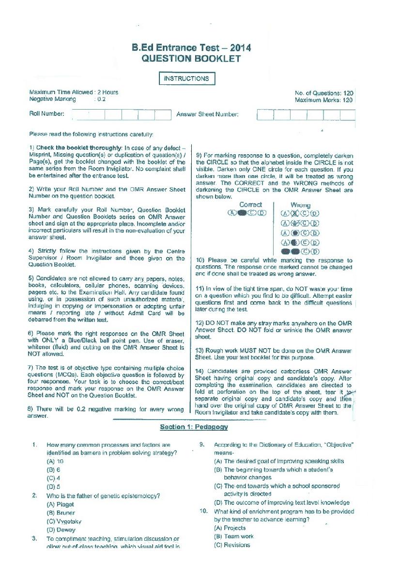 JK B.Ed 2014 Question Paper - Page 1
