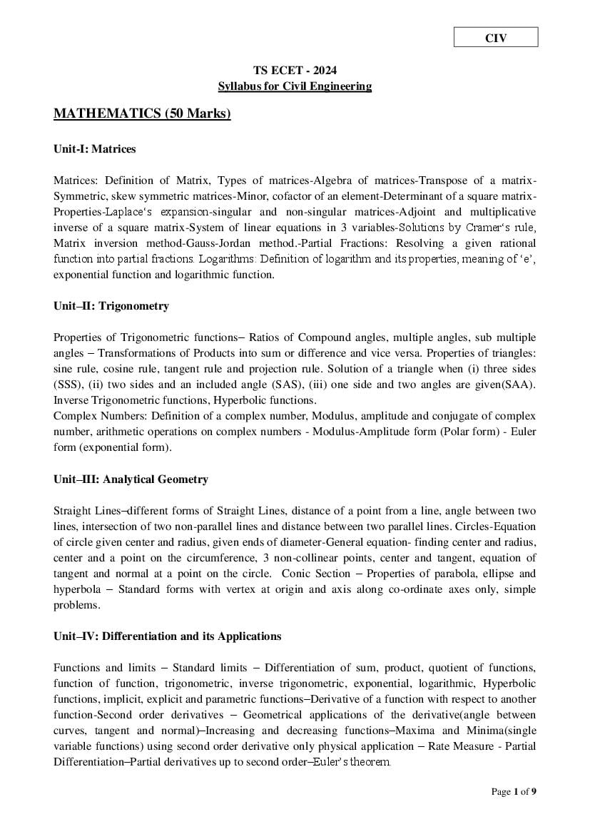 TS ECET 2024 Syllabus Civil Engineering - Page 1