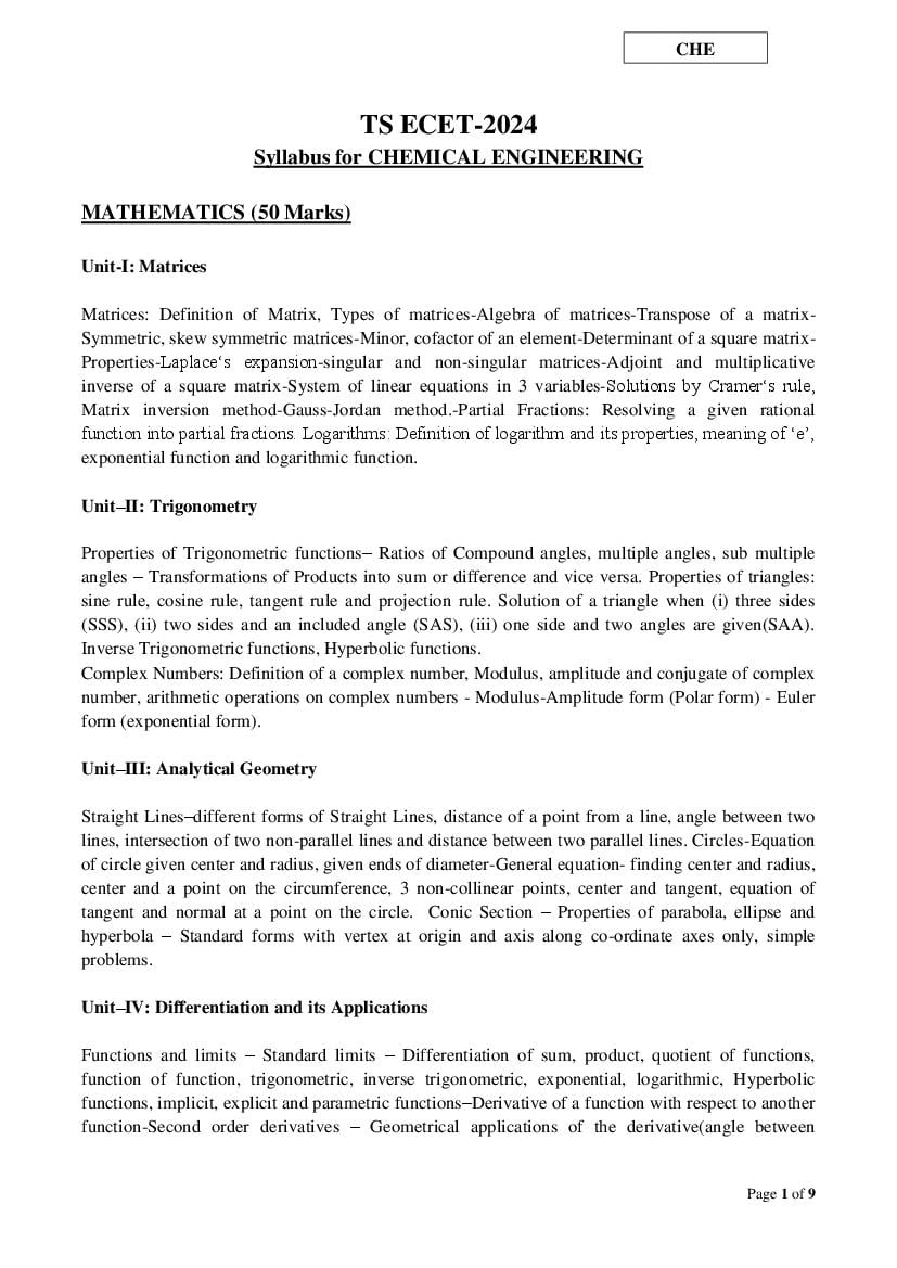 TS ECET 2024 Syllabus Chemical Engineering - Page 1