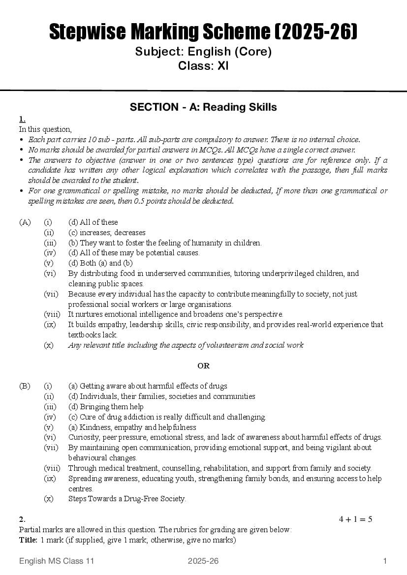 HBSE Class 11 Sample Paper 2026 Answers English Core - Page 1