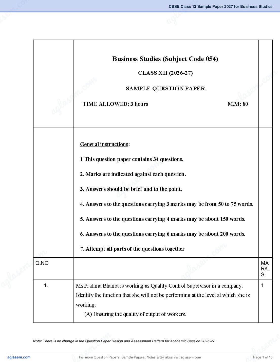 CBSE Class 12 Sample Paper 2027 for Business Studies - Page 1 of 15