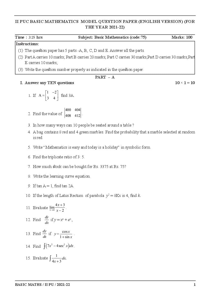 Karnataka 2nd PUC Model Question Paper 2022 for Basic Maths - Page 1