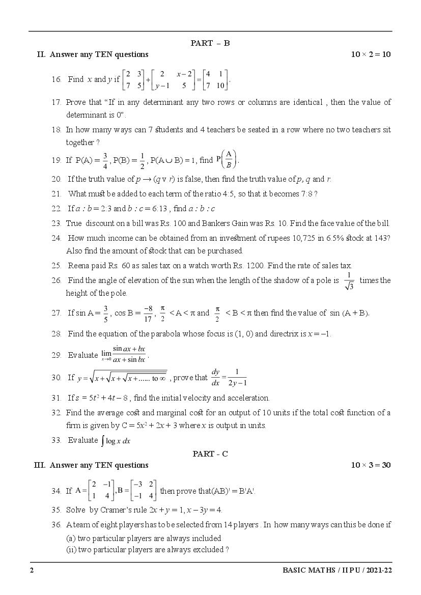 Karnataka 2nd PUC Model Question Paper for Basic Maths 2022