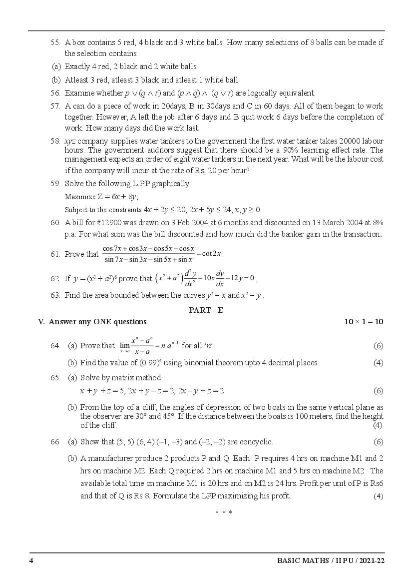 Karnataka 2nd PUC Model Question Paper For Basic Maths 2022