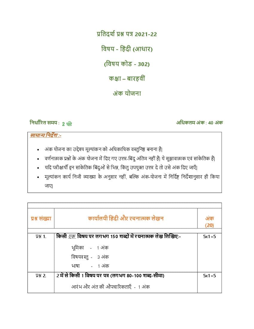 CBSE Class 12 Marking Scheme 2022 for Hindi Core Term 2 - Page 1