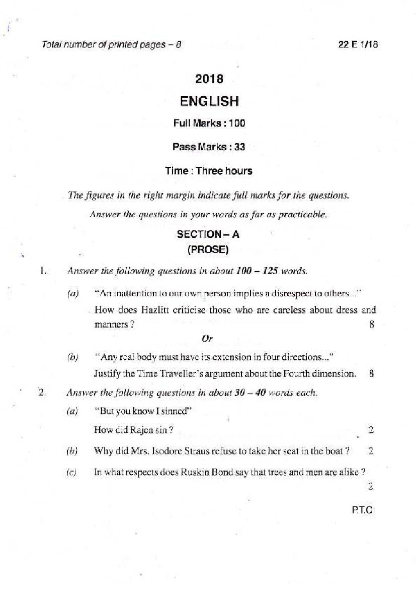 Manipur Board Class 12 Question Paper 2018 for English - Page 1