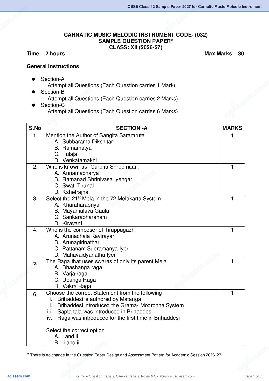 CBSE Class 12 Sample Paper 2027 for Carnatic Music Melodic Instrument - Page 1 of 3